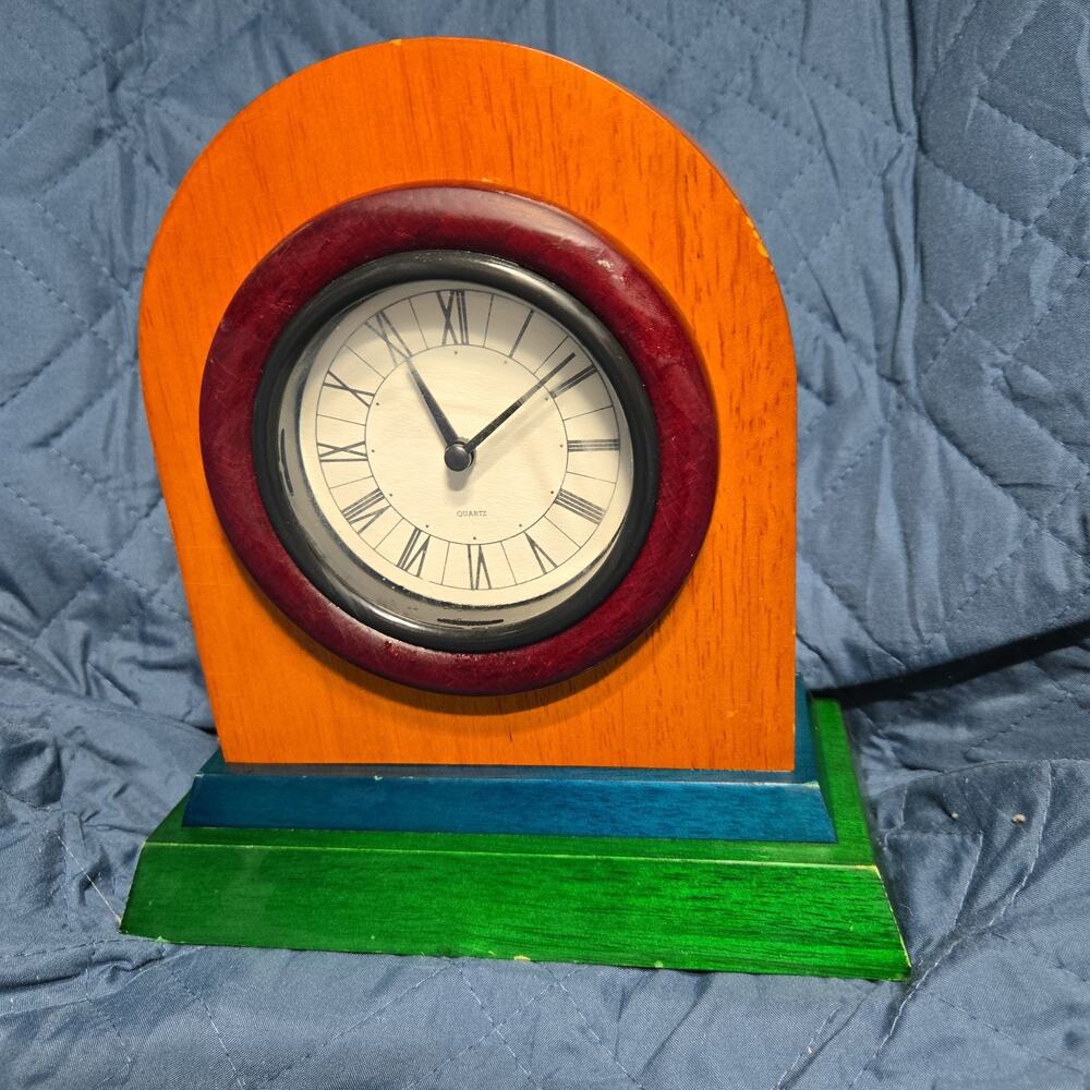 1980s Wood Clock Arch Hardwood Working Mantel Desk Quartz Roman Numeral Works